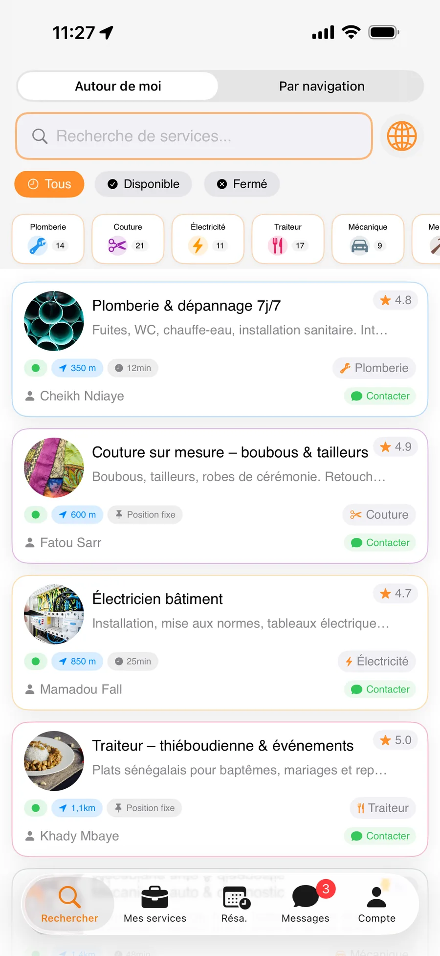Liste des professionnels proches dans l'application Kuuman